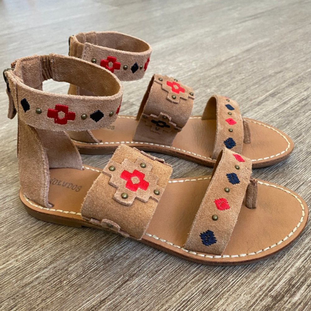 Soludos Tan Suede Sandals with Red and Black Embroidery